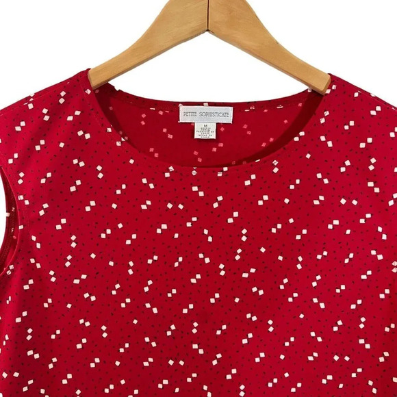 Petite Sophisticate Sleeveless Blouse Medium Confetti Spotted Red White Stretch - Picture 3 of 5